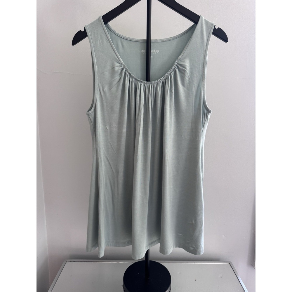 Soft Surroundings Tank Top Petite Large Blue Ruched Neck‎ Stretch Knit